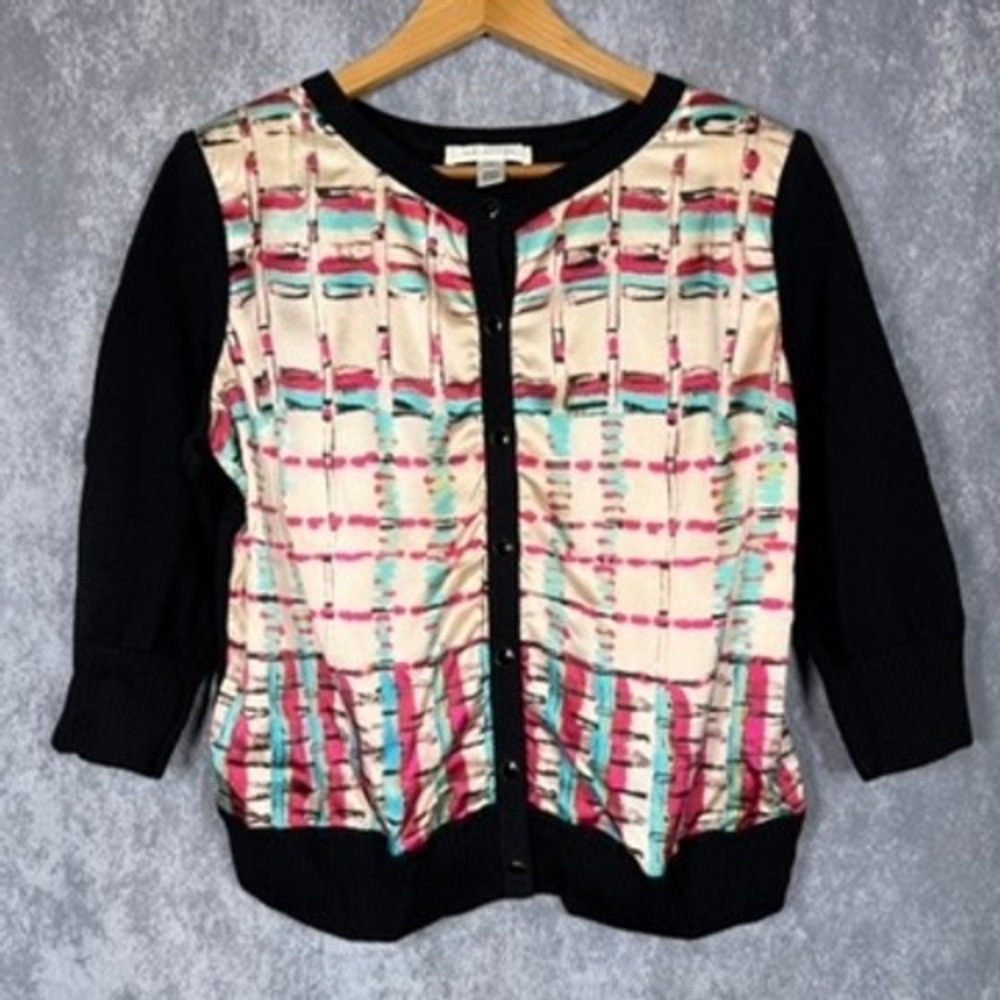 St. John Silk Front Wool Blend Cardigan Black Abstract Print 3/4 Sleeve Large